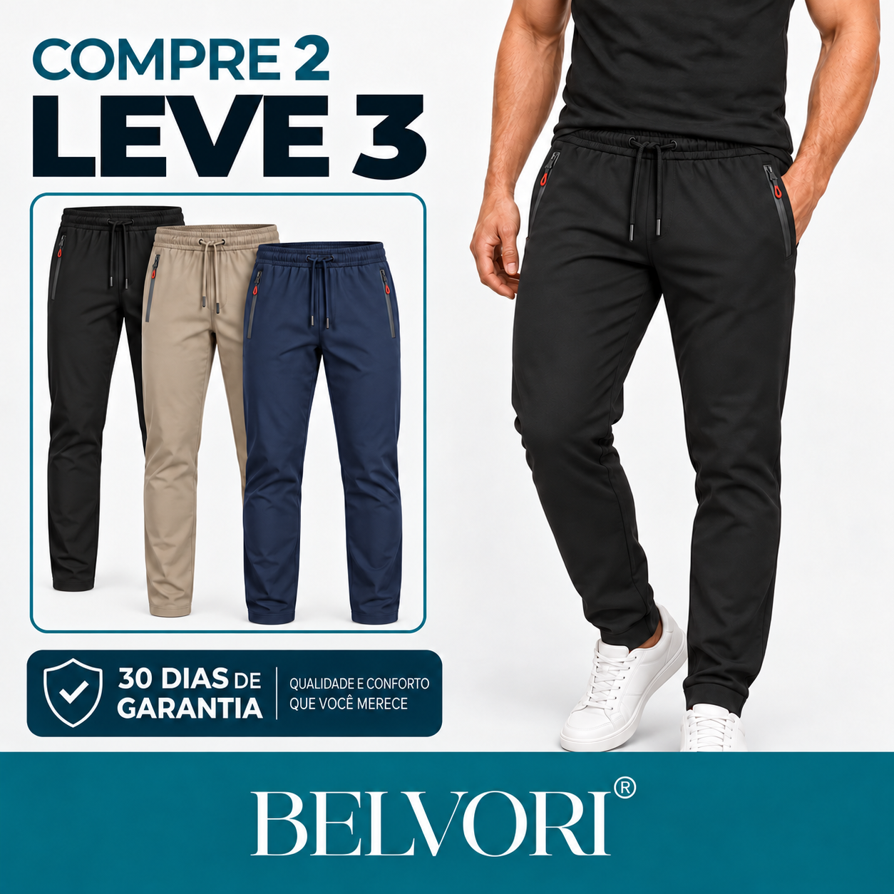 [Compre 2 Leve 3] Calça Masculina Tática Jogger | Conforto com Bolsos de Zíper e Ajuste na Cintura