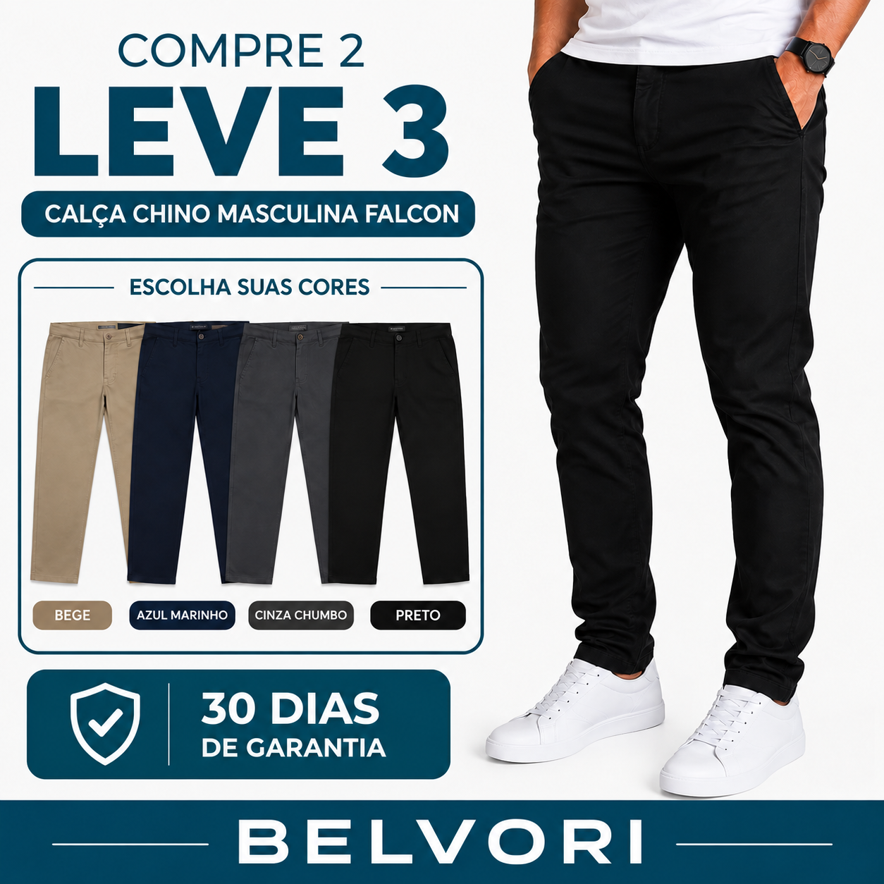 [Leve 3 e Pague 2] Calça Chino Masculina Falcon em Sarja de Algodão com Elastano | Conforto e Elegância
