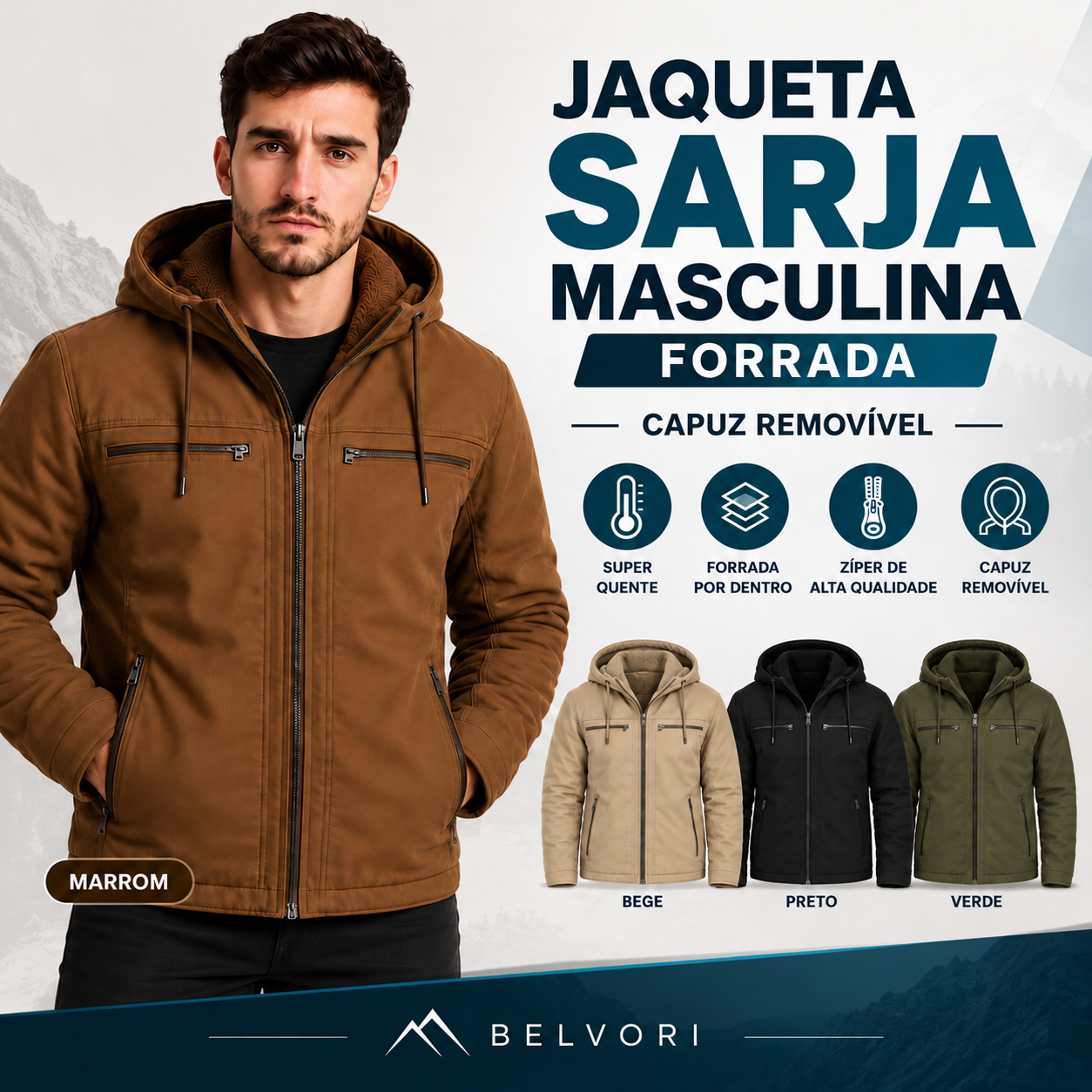 [Compre 1 Leve 2] Jaqueta Masculina de Sarja Forrada com Capuz Removível – Conforto, Estilo e Proteção
