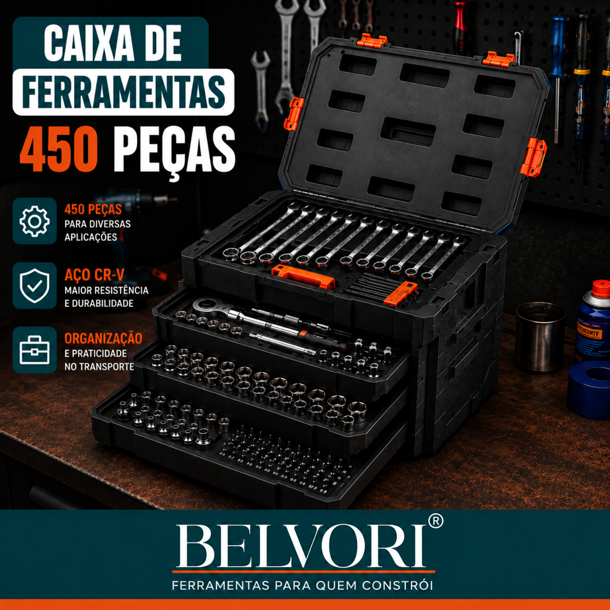 Caixa de Ferramentas Completa com 450 Peças em Aço Inoxidável