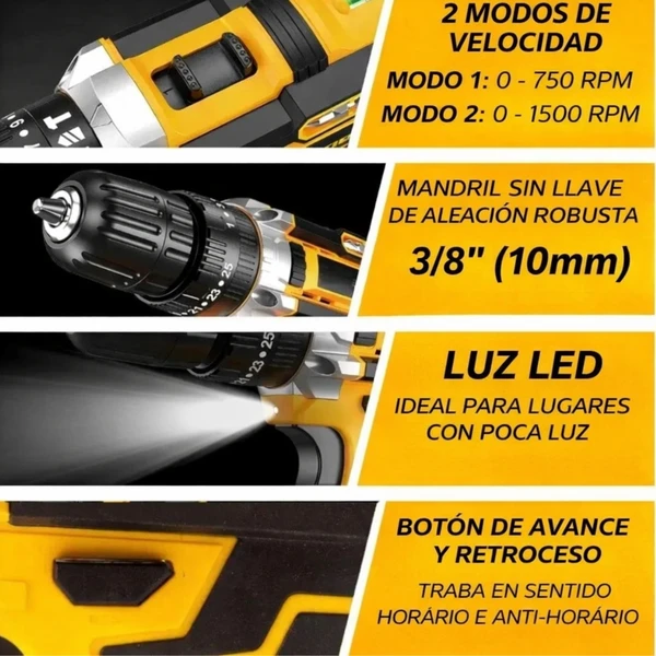 Kit Furadeira e Parafusadeira Sem Fio MaxPro 48V Completo + Maleta de Acessórios e 2 Baterias Grátis