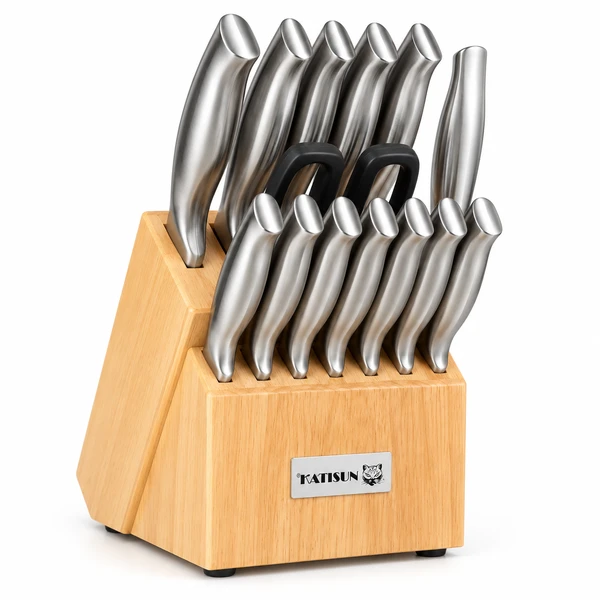 Kit 15 Peças de Facas de Cozinha em Aço Inox com Suporte de Madeira – Corte Preciso e Alta Durabilidade